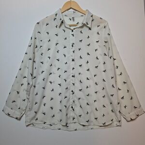 Lovely Unicorn Print Button Down Blouse White Black Long Sleeve Size Large